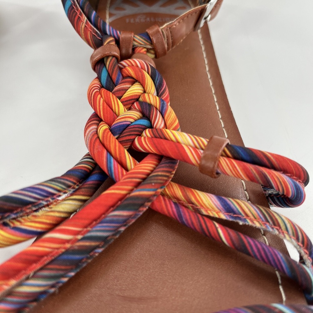 Gladiator T Strappy Sandal Womens 11 M Flat Striped Buckle Braided Fergalicious - Picture 4 of 15